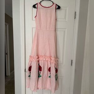 Fanm Mon Pink Dress with Red Floral embroidered Accents
